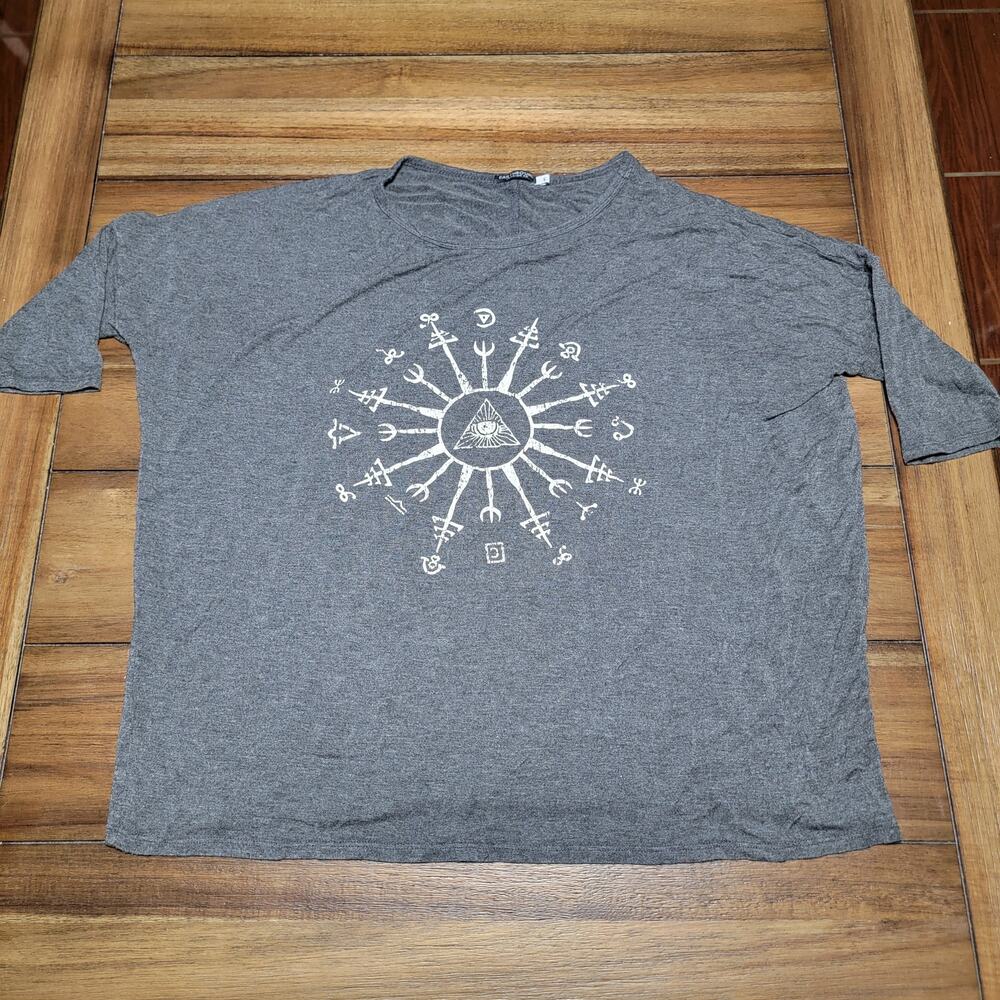 Earthbound Trading Co LS Grey Blouse All-Seeing Eye - Size Large